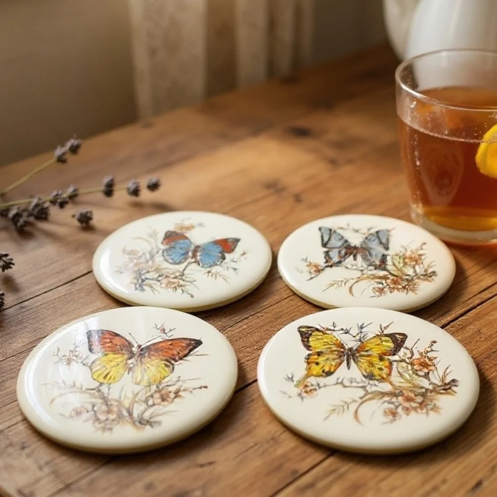 VTG 1970’s H R Johnson 6” Round Ceramic 4 Trivet Tile Wall Hangings, Coasters